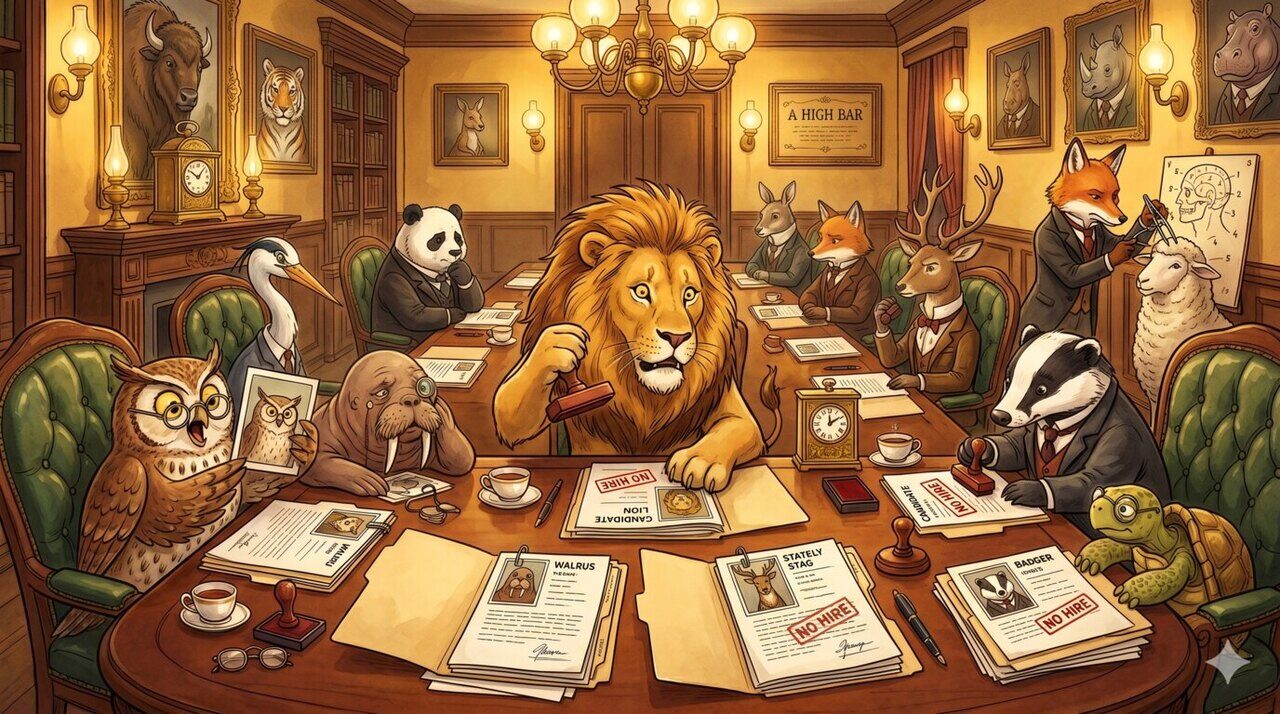 A hiring committee of anthropomorphic animals in Victorian dress — a lion chairing, a panda, a fox, a deer, a badger, an owl, a walrus — reviewing résumé packets stamped NO HIRE beneath a placard reading A HIGH BAR.