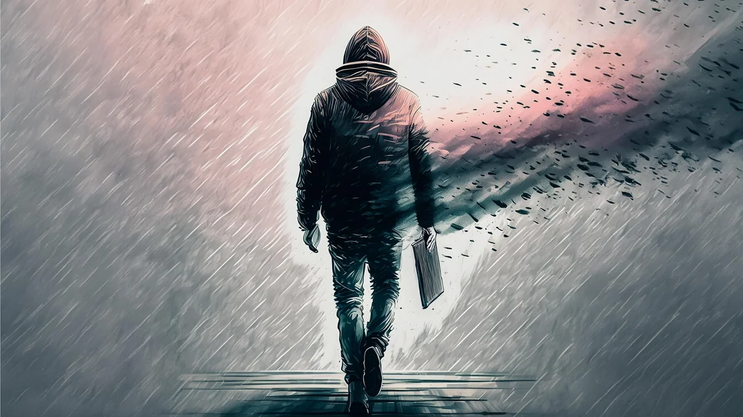 A hooded figure walks away into a stormy gray landscape, papers flying behind him.