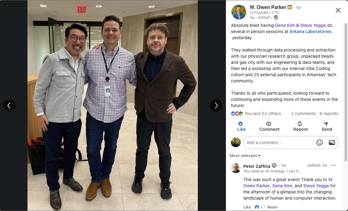 Steve Yegge and Gene Kim at Arkana Laboratories — Vibe Coding cohort workshop with internal team and external Arkansas tech community, April 2026