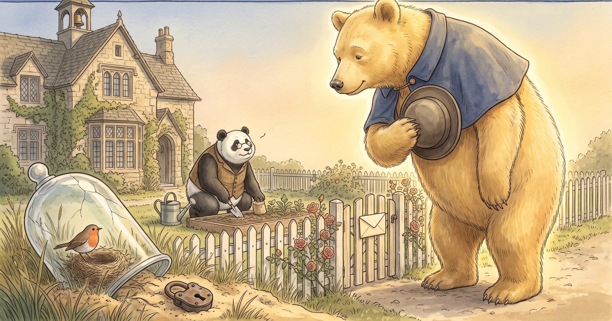 A colossal golden bear, hat in paw, waits politely at a knee-high white picket fence while a panda in a waistcoat gardens inside; a cracked glass bell jar lies discarded nearby.