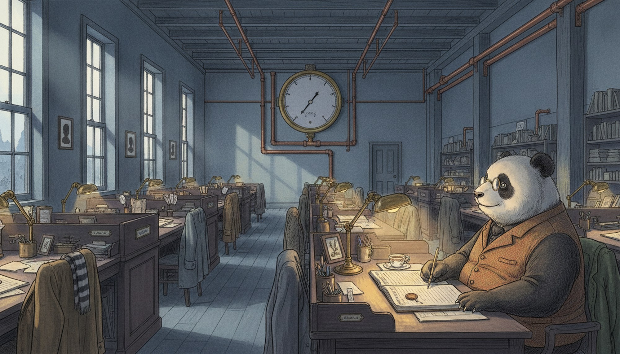 A long workshop hall of empty desks, each with a blank brass nameplate and a coat on the chair; every lamp is dark but one, where a panda in a waistcoat works over a ledger.