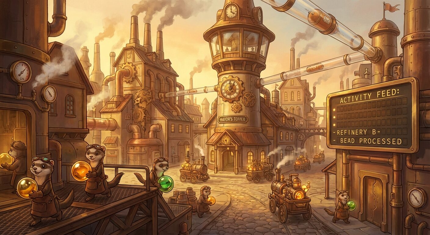 Gas Town &mdash; Victorian/steampunk refinery town with polecats handling glowing beads, mayor's tower and activity feed in the distance