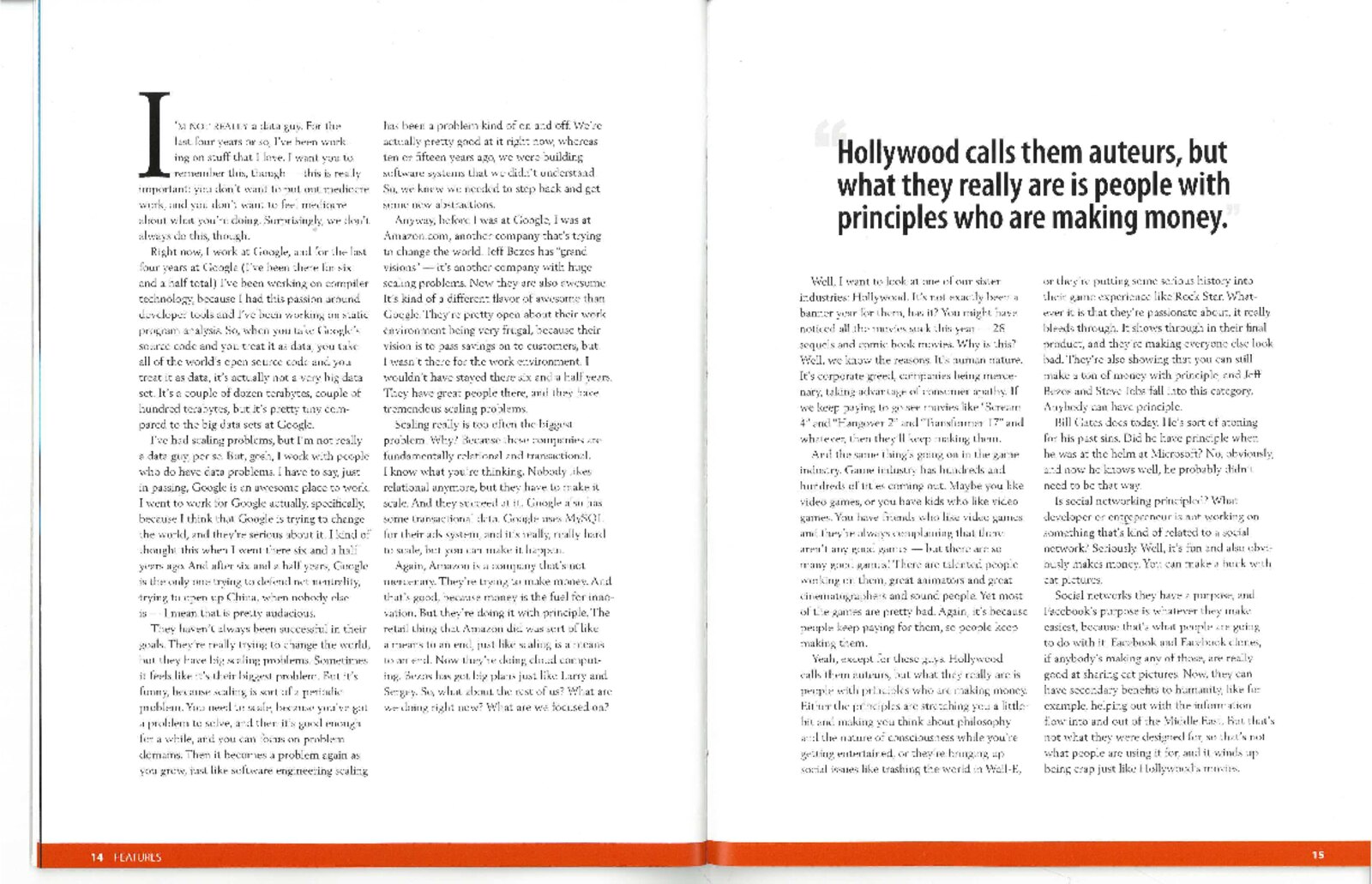 The opening two-page spread of Steve Yegge's Hacker Monthly article, &ldquo;What Would You Do With Your Own Google?&rdquo;