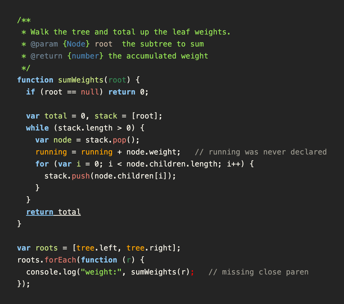 js2-mode editing a JavaScript function: parser-accurate syntax highlighting, with an undeclared variable and a missing-paren syntax error flagged inline