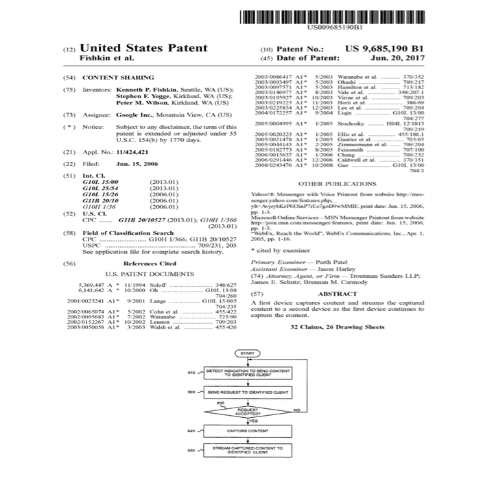 US Patent 9,685,190 B1 — Content Sharing, title page