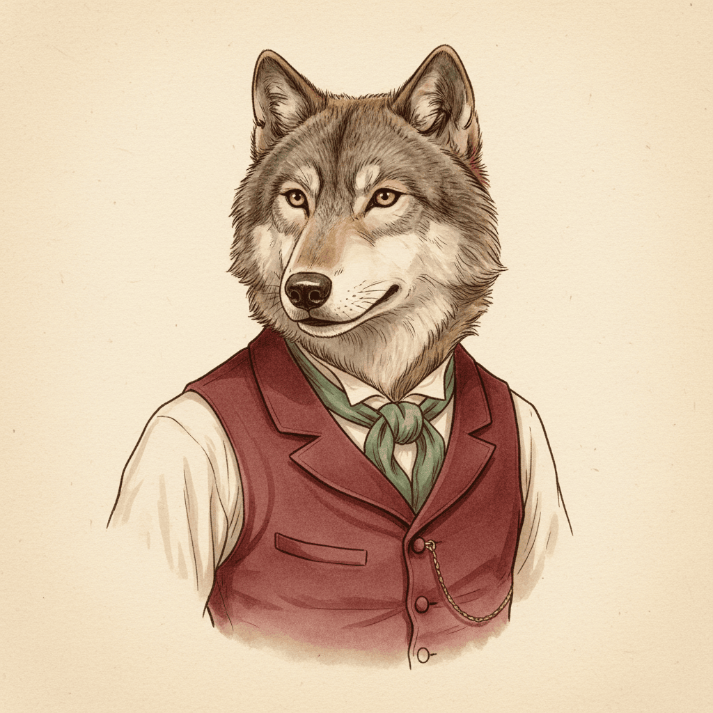 A dignified grey wolf in an oxblood waistcoat — the CIO