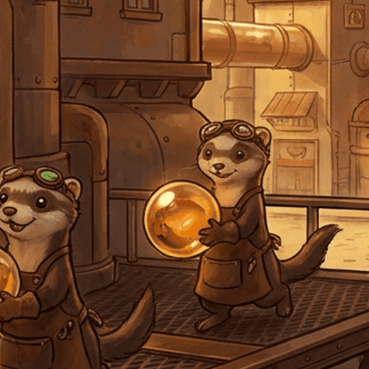 Gas Town — steampunk ferrets in waistcoats carrying glowing orbs through a Victorian factory town