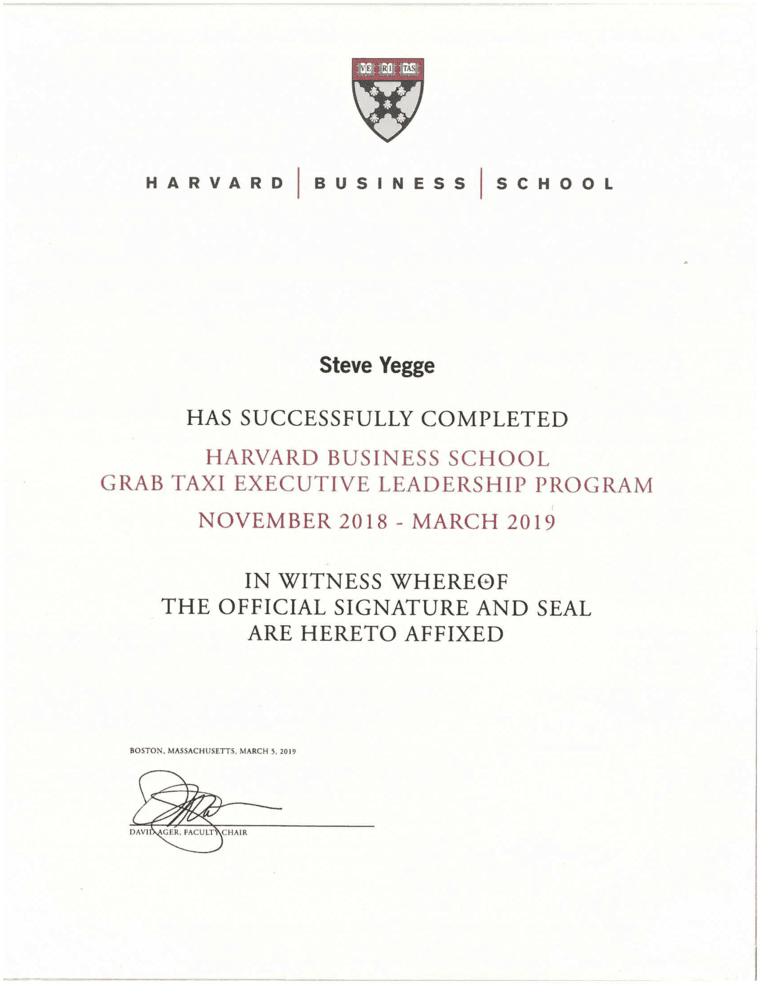 Harvard Business School certificate of completion — Steve Yegge, Grab Taxi Executive Leadership Program, November 2018 – March 2019