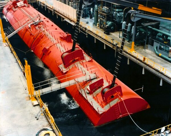 The S5G reactor plant in its water tank, built into a submarine hull to simulate a ship's motion