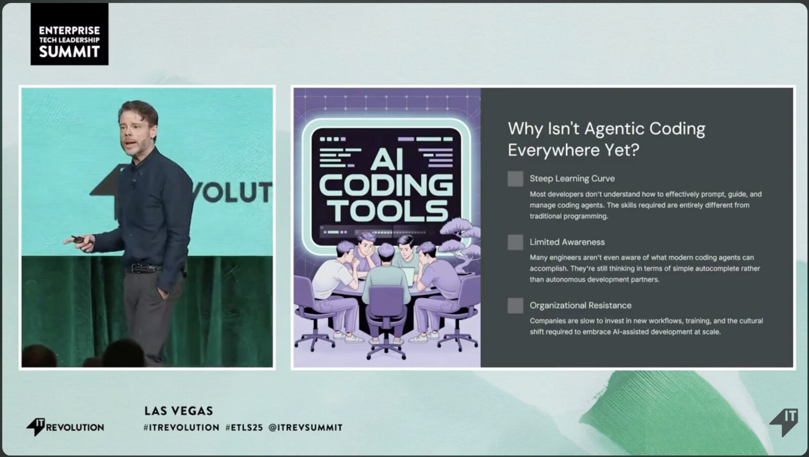 Steve Yegge at ETLS Las Vegas 2025 — Beyond the IDE keynote, The AI Developer Trajectory slide