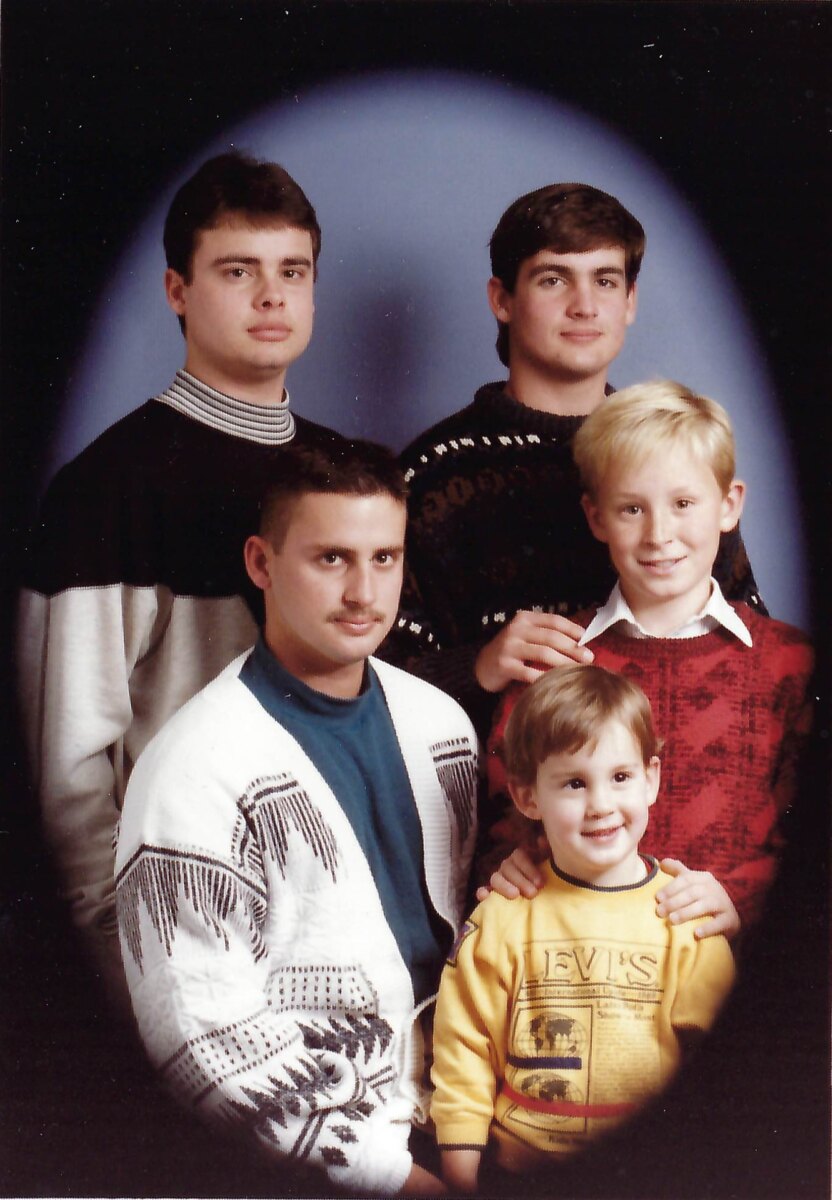 Studio portrait of the five Yegge brothers