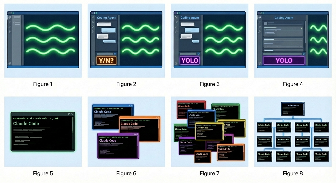 The 8 Levels of Agentic Adoption — a figure-by-figure visual progression from autocomplete to multi-agent orchestration