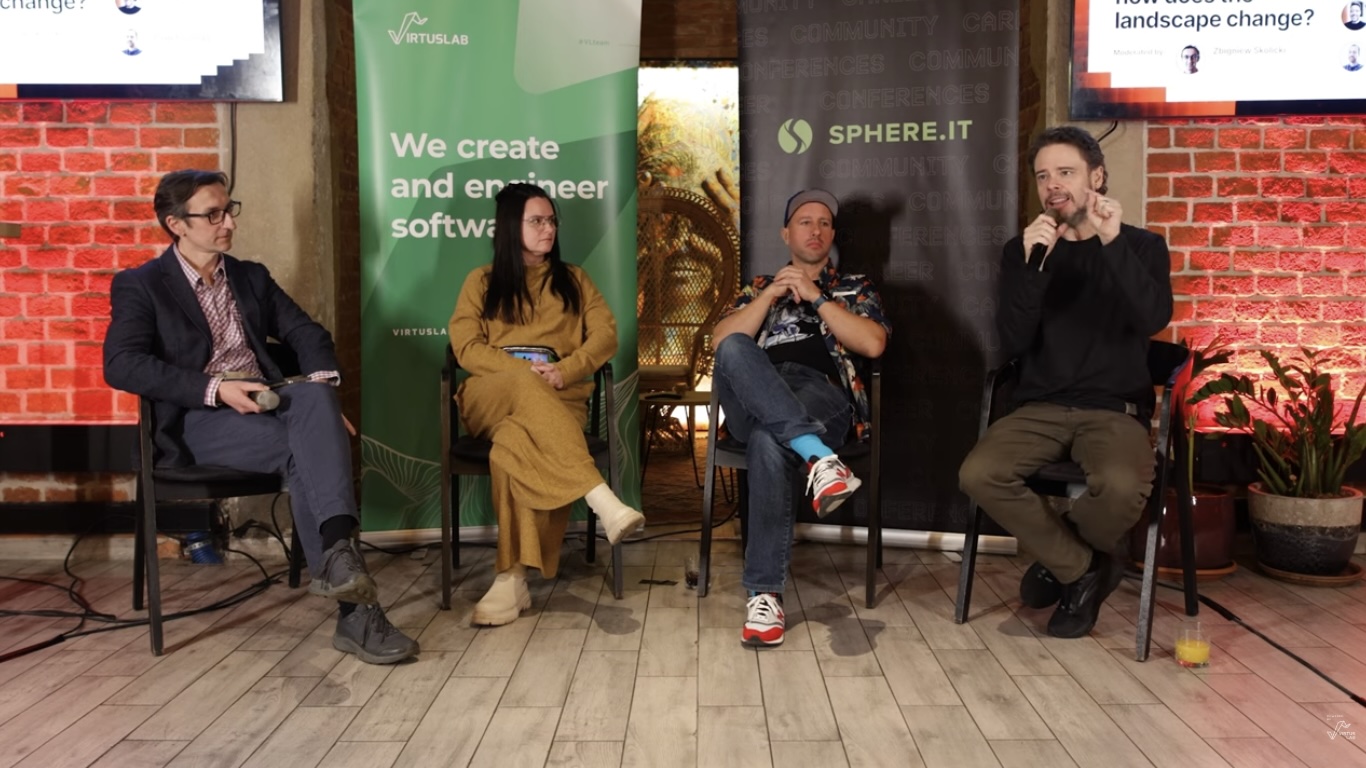 Steve Yegge on the AI-in-DevEx panel at SPHERE.IT 2025 in Krakow, hosted by VirtusLab