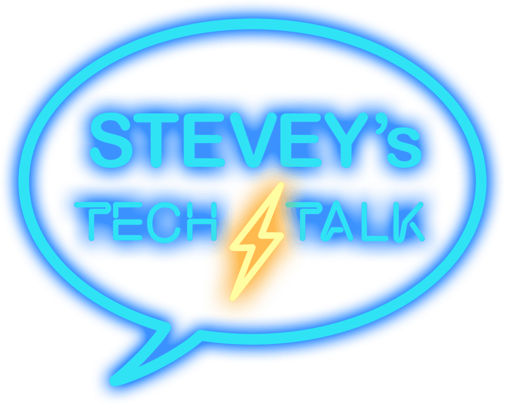 Stevey's Tech Talk neon logo — a glowing blue speech bubble reading STEVEY'S TECH TALK with a yellow lightning bolt.