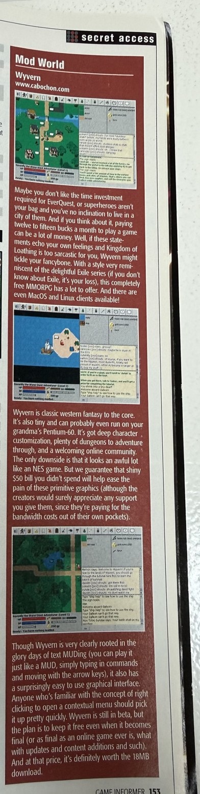 Game Informer magazine, 2002, page 153: the 'Mod World' column on Wyvern, with three game screenshots and three blocks of editorial text.
