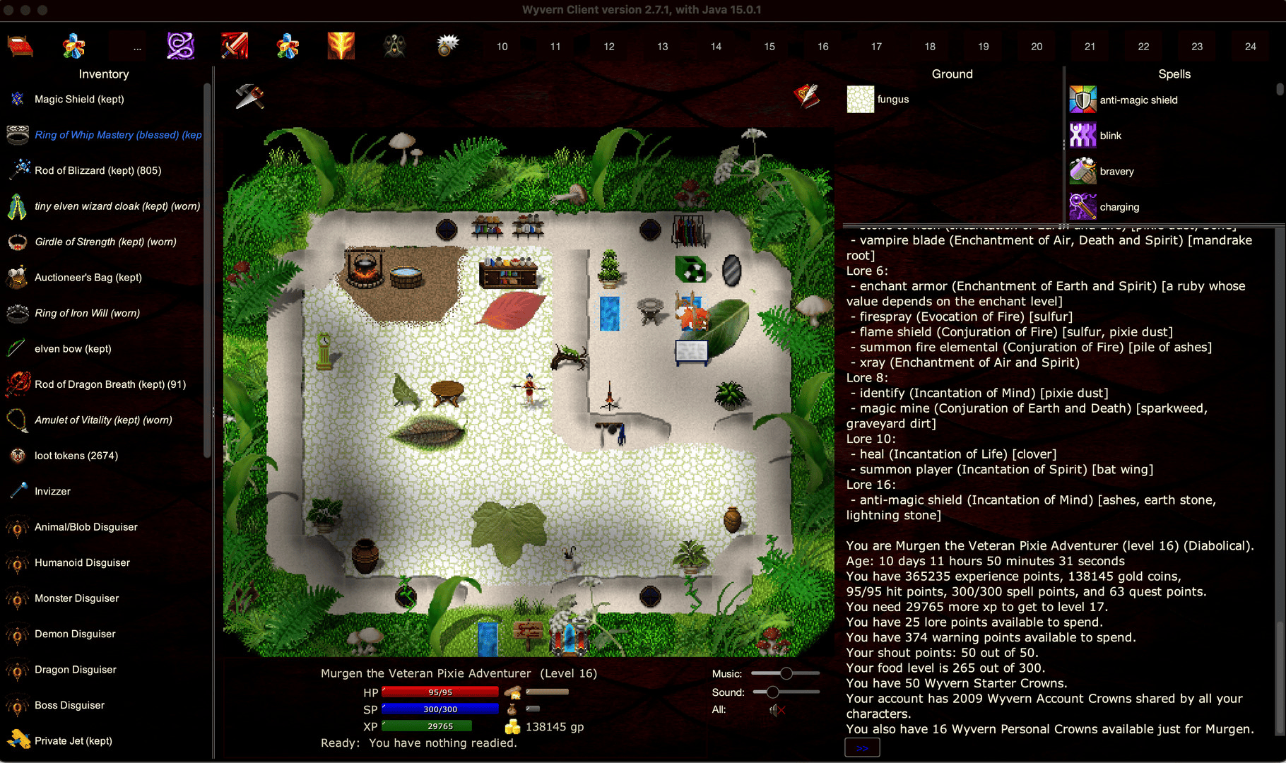 Wyvern desktop client: inventory panel on the left, top-down tiled world view in the center, scrolling text console on the right