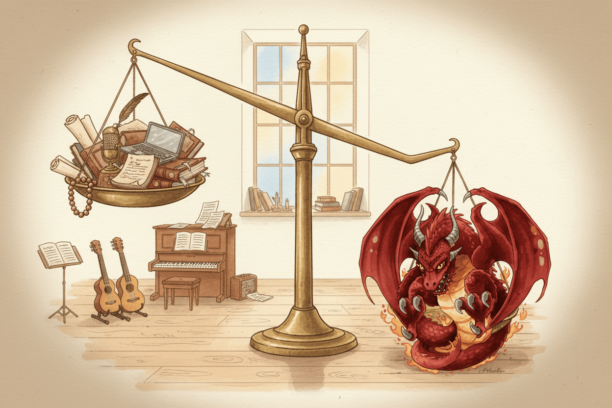 Wyvern vs Everything Else &mdash; a watercolour balance-scale illustration